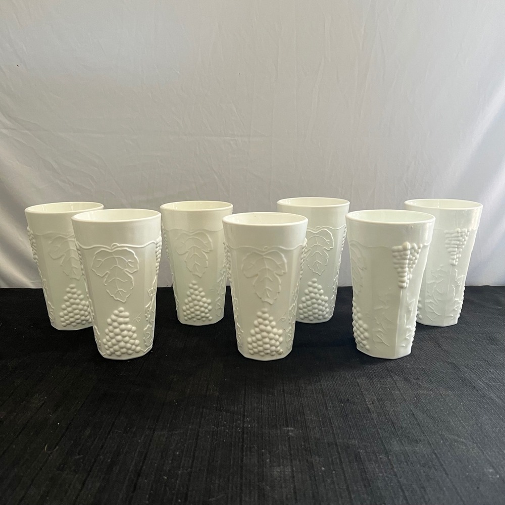 Westmoreland Milk Glass Paneled Grape Water Goblets Tumblers Set of 7 White 6"
